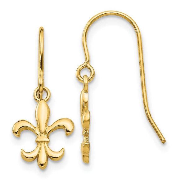 Small Polished Fleur De Lis Dangle Earrings in 14k Yellow...